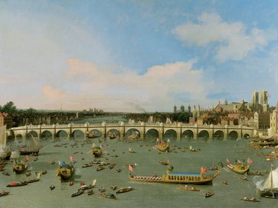 Westminster Bridge, London, mit der Prozession des Lord Mayor auf der Themse von Giovanni Antonio Canal